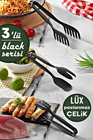 3'lü Lüx Black Serisi Makarna Maşası Pasta Maşası Salata Maşası Çelik Mutfak Servis Sunum Maşa Seti